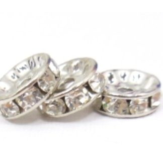 10 חרוזי מתכת כסופים משובצים קריסטל שקוף 10ממ
